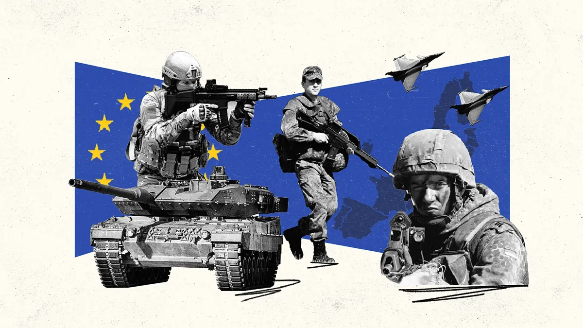 Illustration showing European soldiers, a tank, and fighter jets overlaid on the EU flag and map of Europe, representing Europe’s defense buildup.