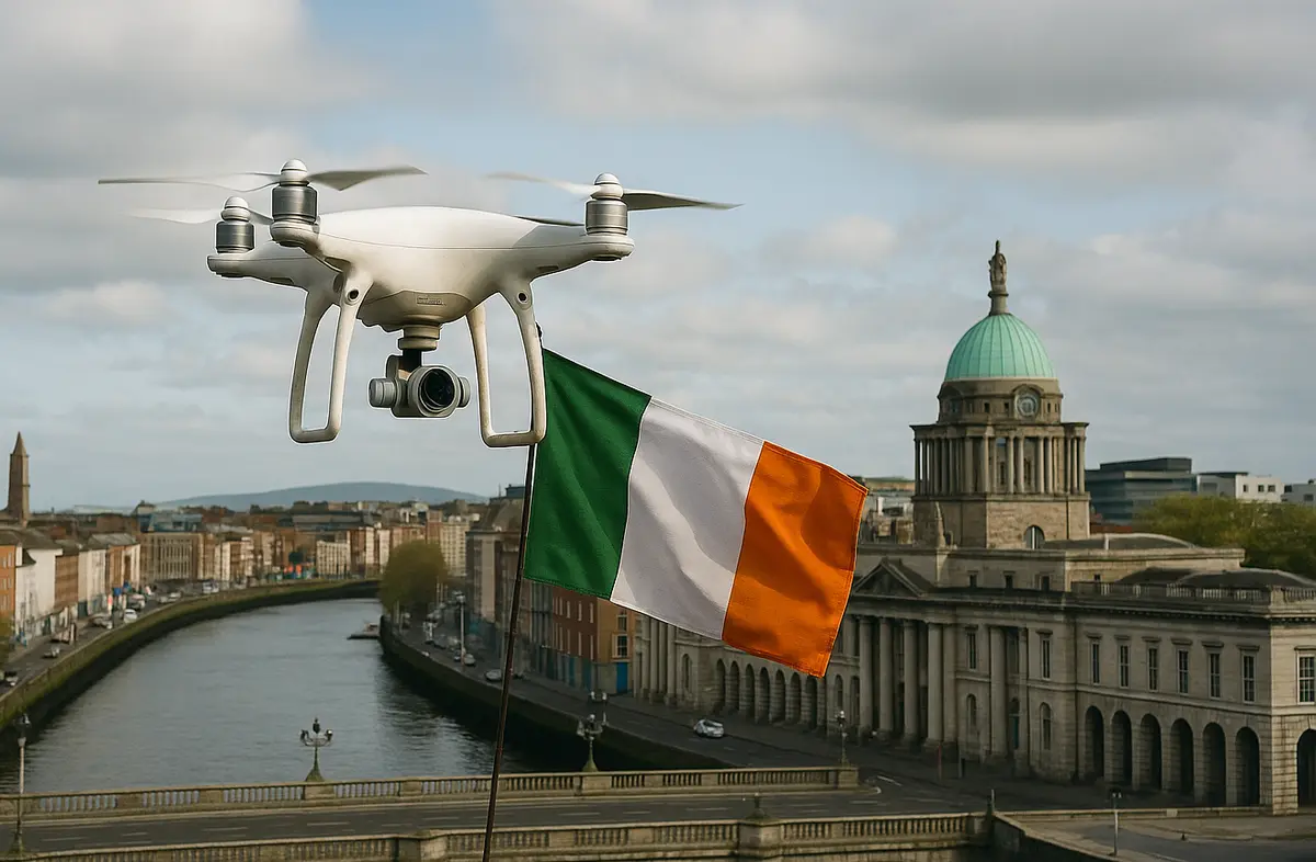 Drone flying over Dublin carrying an Irish flag.