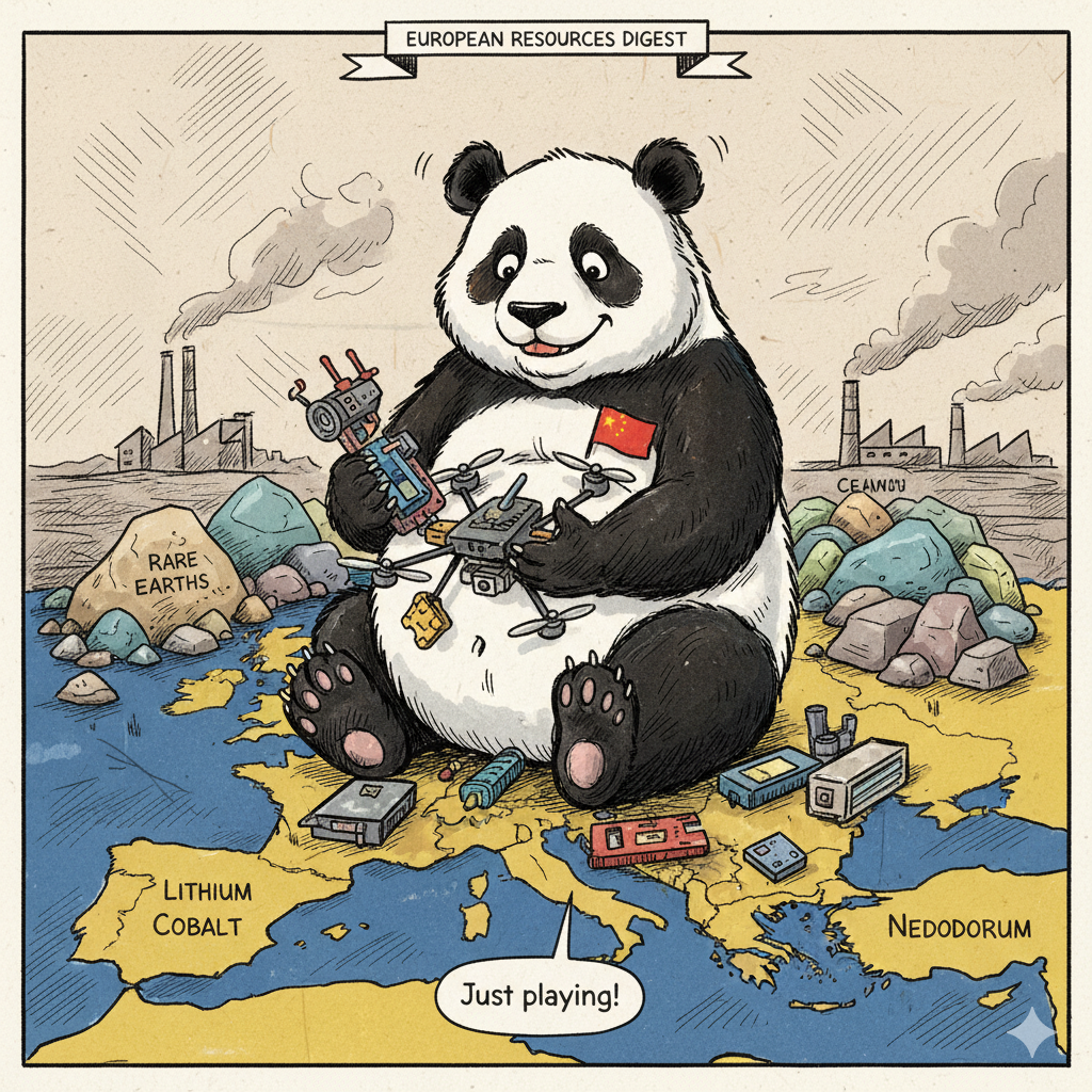 Satirical cartoon of a panda (representing China) sitting on a map of Europe, surrounded by rare earth metals and playing with drones.