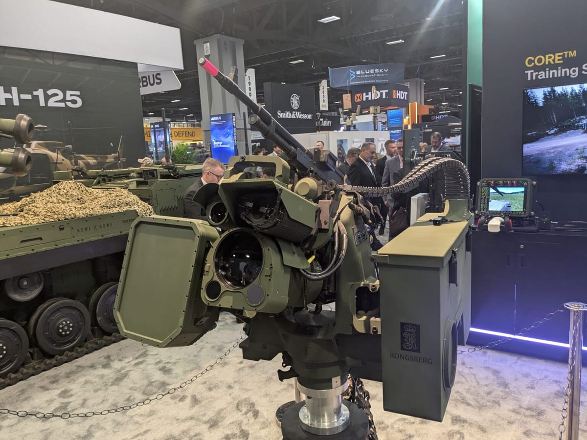 Kongsberg counter-UAS remote weapon station displayed on exhibition floor
