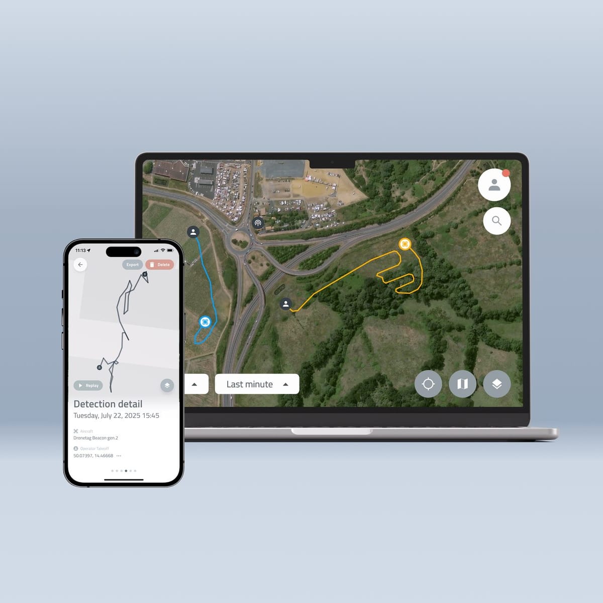 Dronetag system showing a map on laptop and mobile phone 