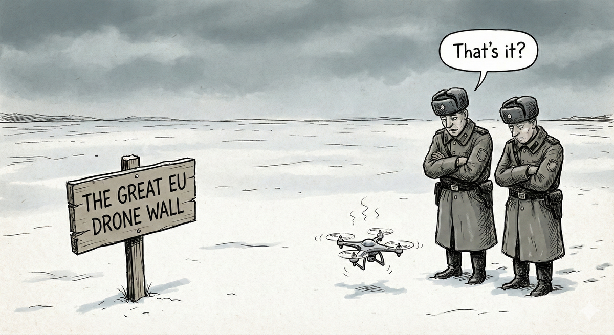 A satirical cartoon shows disappointed soldiers by a tiny drone and a sign for "THE GREAT EU DRONE WALL."