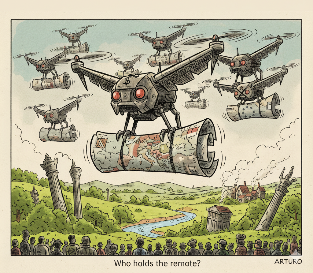 a satirical image of evil looking drones flying over european cities with people watching and a legend at the bottom "Who holds the remote?"