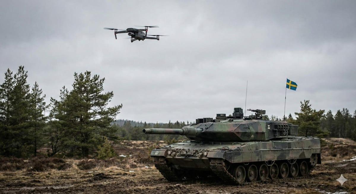 a drone flying over a tank with a swedish flag 