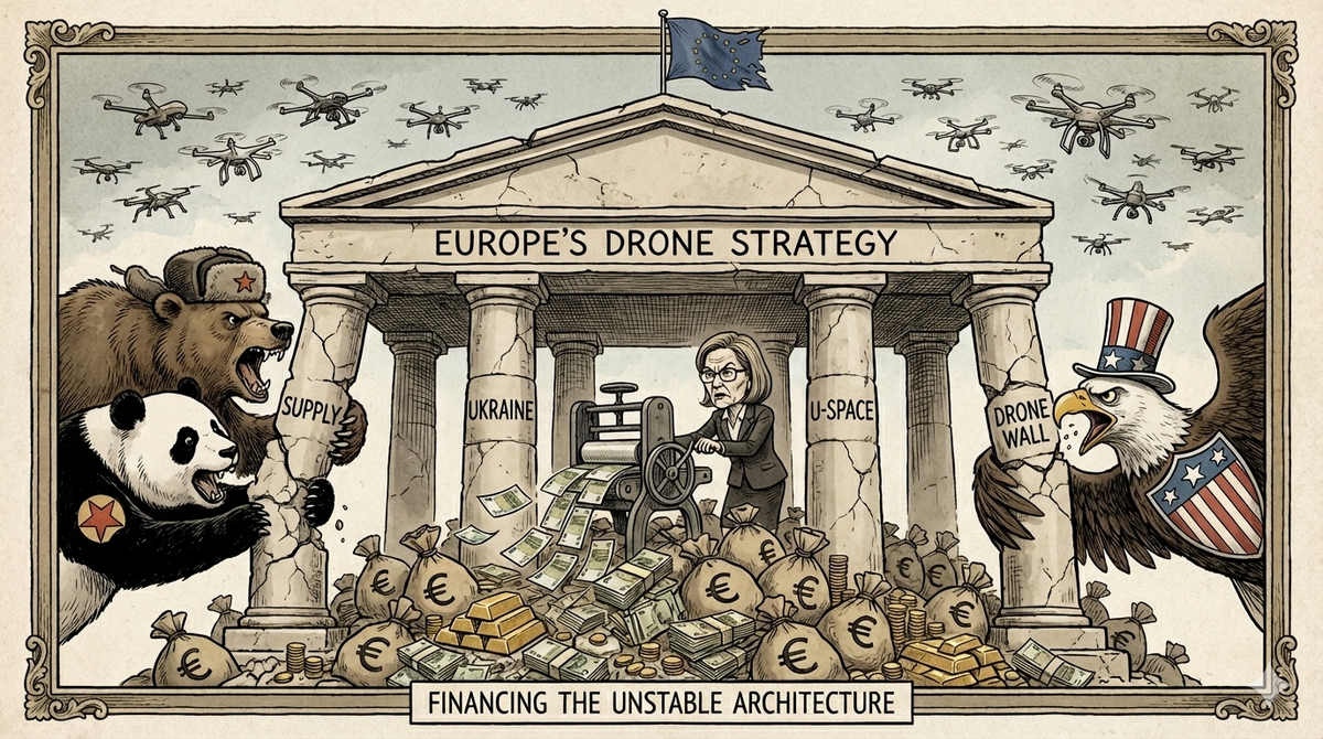 Europe’s Drone Strategy under pressure, with an EU portico propped by Supply, Ukraine, U-space, and Drone Wall as drones swarm and great powers circle on piles of euros.