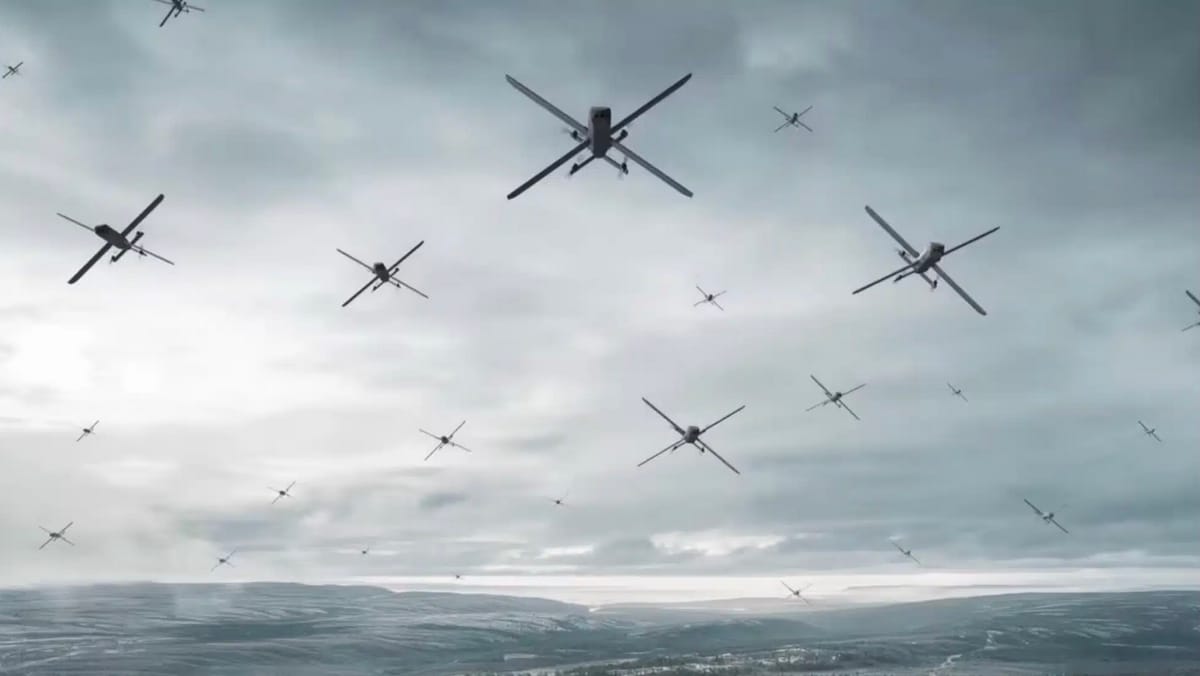 Image of Helsing drones flying on a gloomly day over the sea