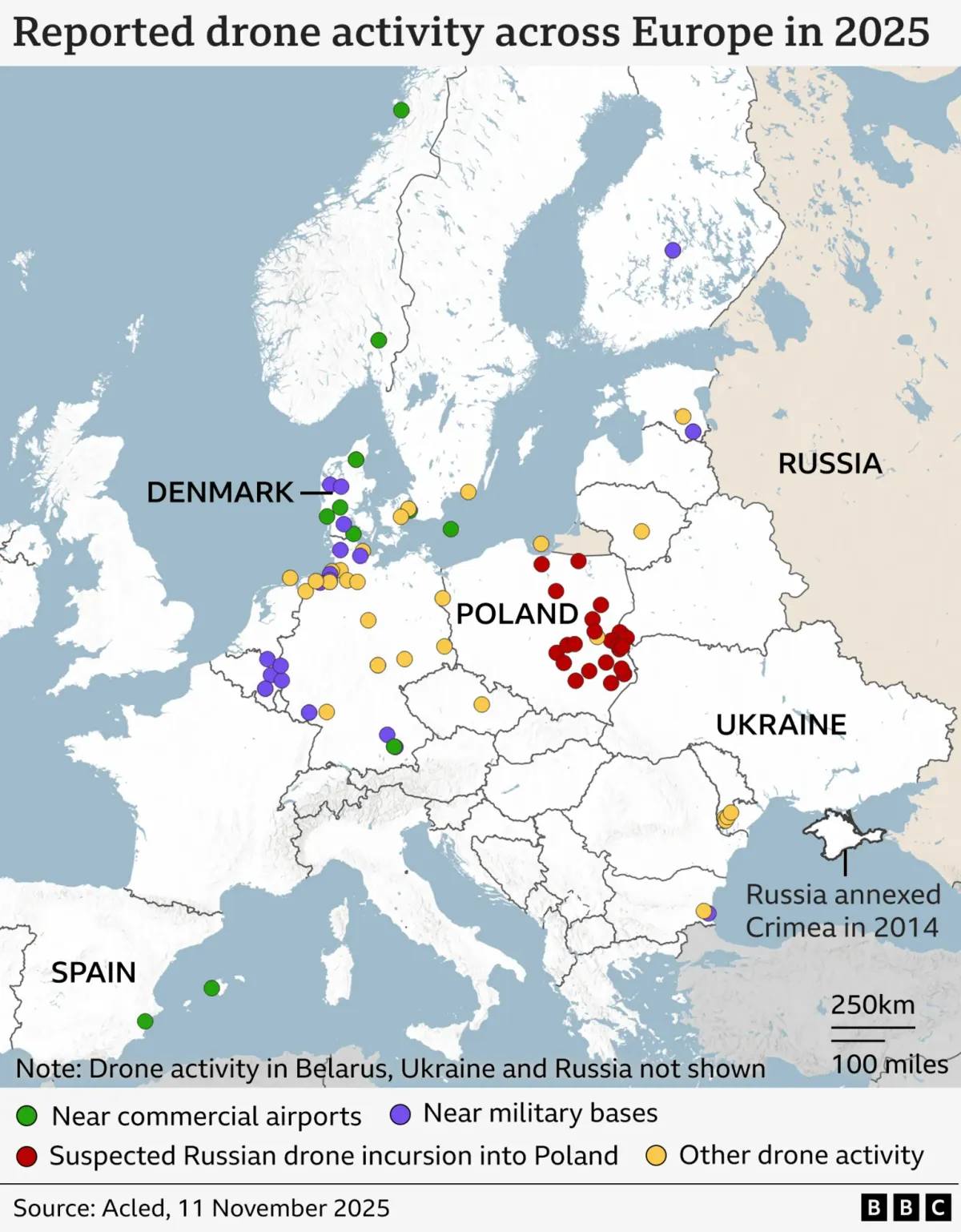 Credit to BBC for this excelent map of Drone sightings in Europe