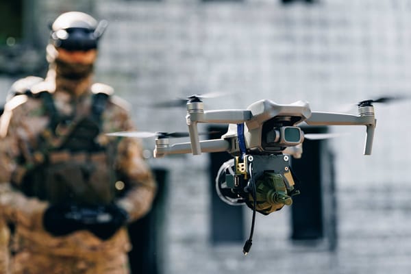 An AI-enabled quadcopter drone equipped with sensors flying forward, representing Ukraine's use of AI drones for precision strikes.