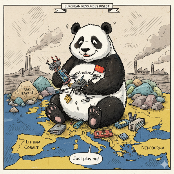 Satirical cartoon of a panda (representing China) sitting on a map of Europe, surrounded by rare earth metals and playing with drones.