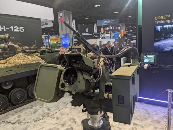 Kongsberg counter-UAS remote weapon station displayed on exhibition floor