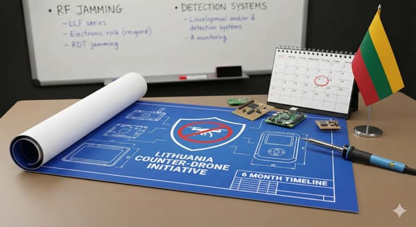 A desk with a Lithuanian counter-drone initiative blueprint, a six-month timeline, and electronics. (AI generated)