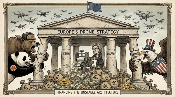 Europe’s Drone Strategy under pressure, with an EU portico propped by Supply, Ukraine, U-space, and Drone Wall as drones swarm and great powers circle on piles of euros.