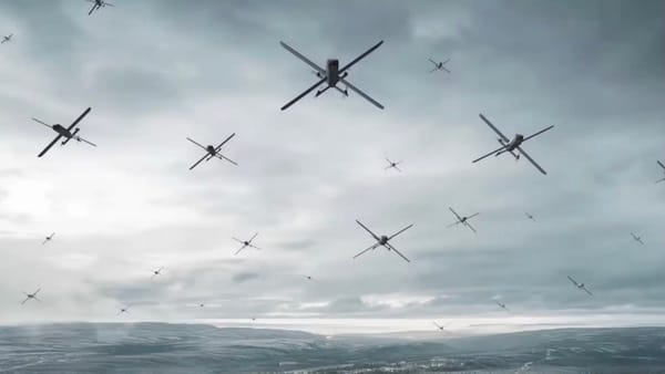 Image of Helsing drones flying on a gloomly day over the sea