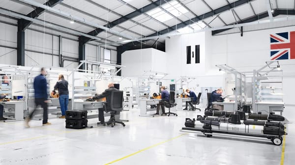 A photo of people working inside a drone factory in the UK. Photo Credit: Helsing