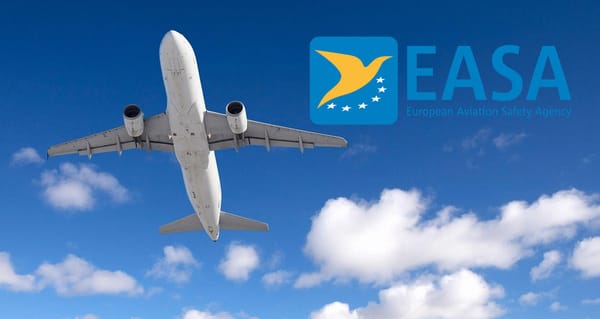 a commercial airplane flying next to the logo of EASA