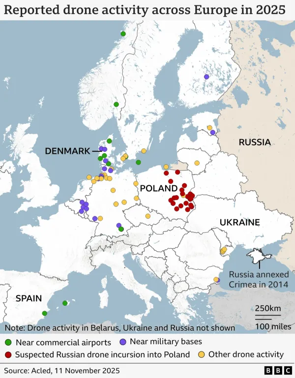 Credit to BBC for this excelent map of Drone sightings in Europe