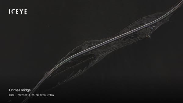 A 25 cm resolution ICEYE Dwell Precise image of a section of the Crimean Bridge (Kerch Strait Bridge), which Ukraine has attacked a number of times. [ICEYE]